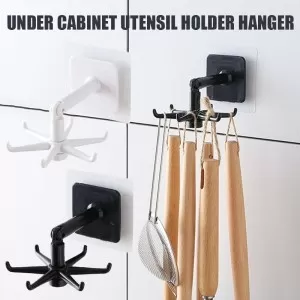 Kitchen Utensil Hanger 360° Rotatable 6 Hooks | Under Cabinet Spoon Holder | Self Adhesive Kitchen Hooks | Space Saving Hanging Organizer